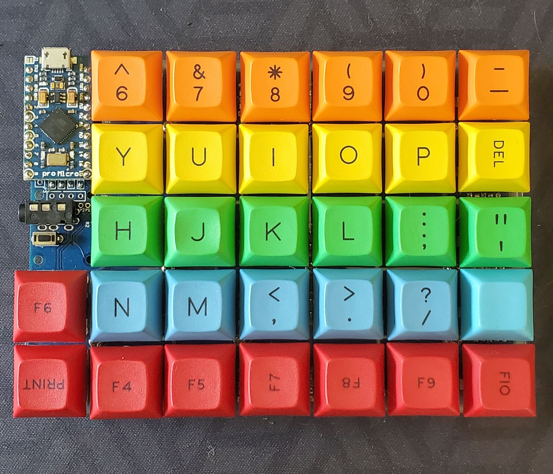 Rainbow colored Helidox keyboard left-hand side