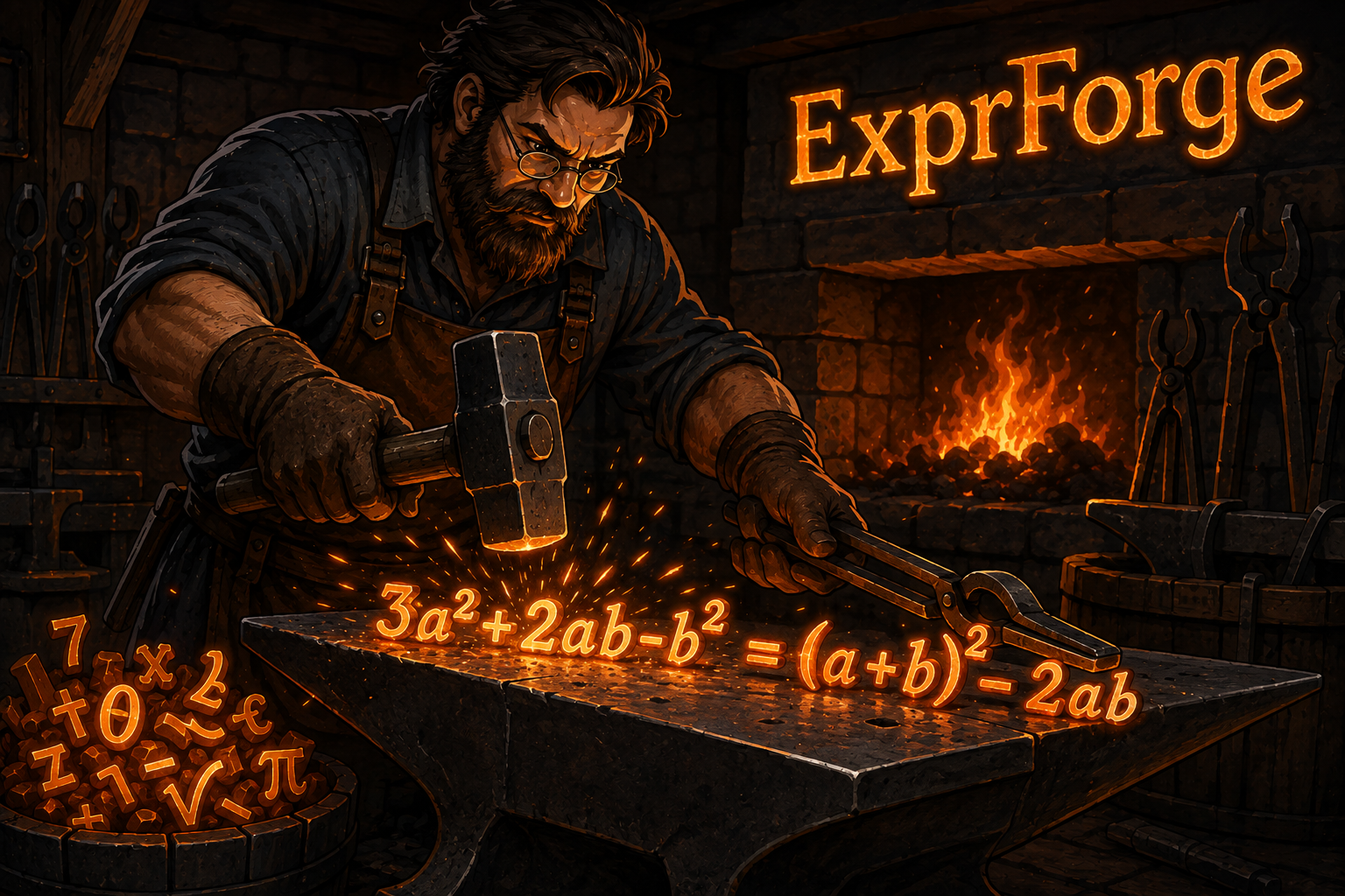 ExprForge — a blacksmith forging 3a² + 2ab − b² = (a+b)² − 2ab on a glowing anvil
