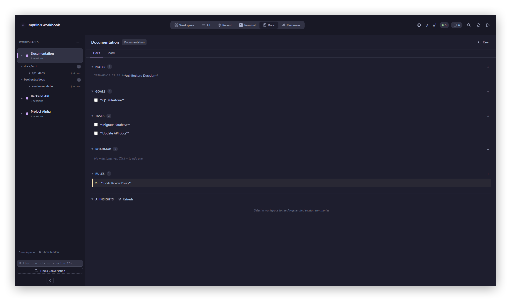 Docs panel with Notes, Goals, Tasks, Roadmap, and Rules