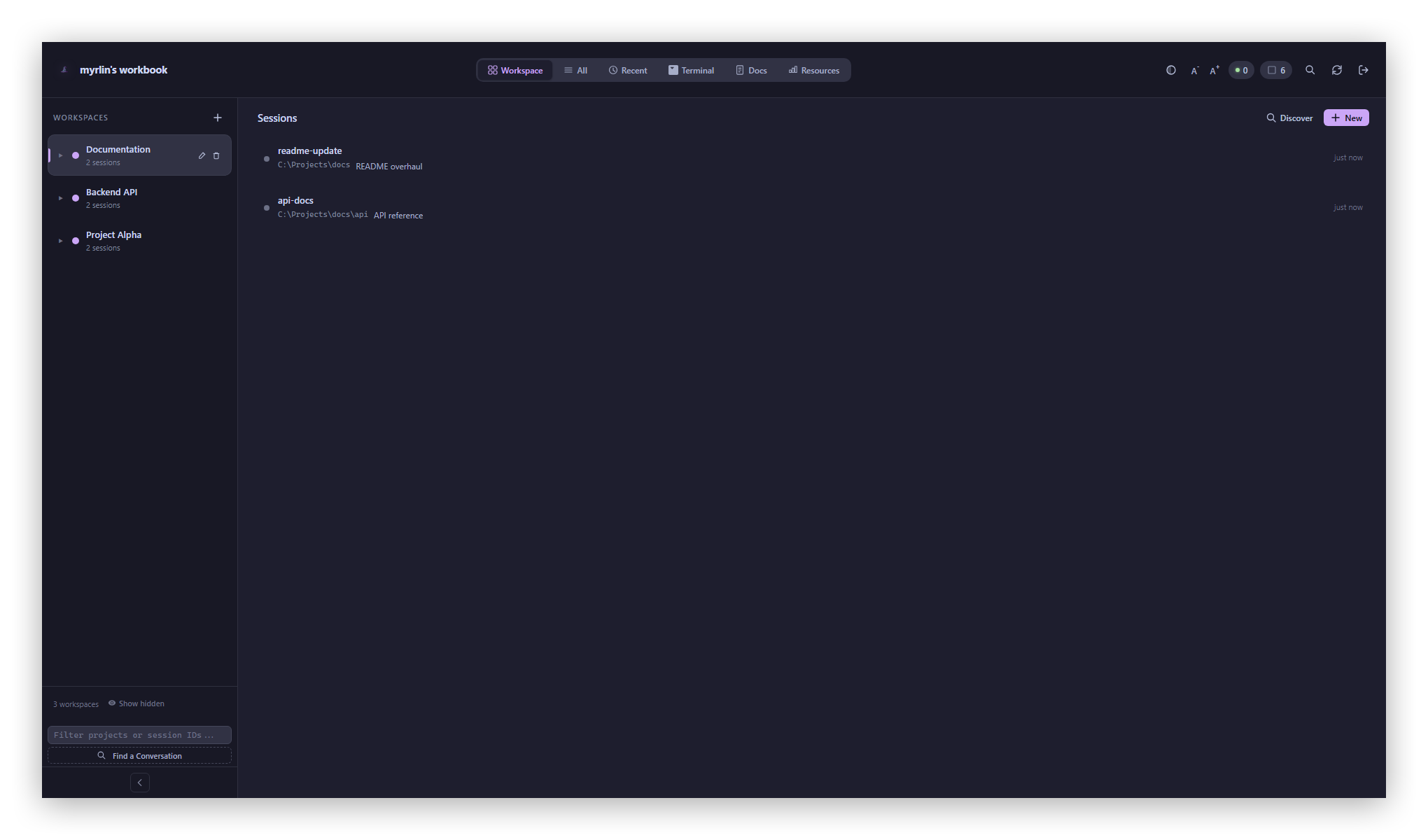 Project dashboard with sessions grouped by focus