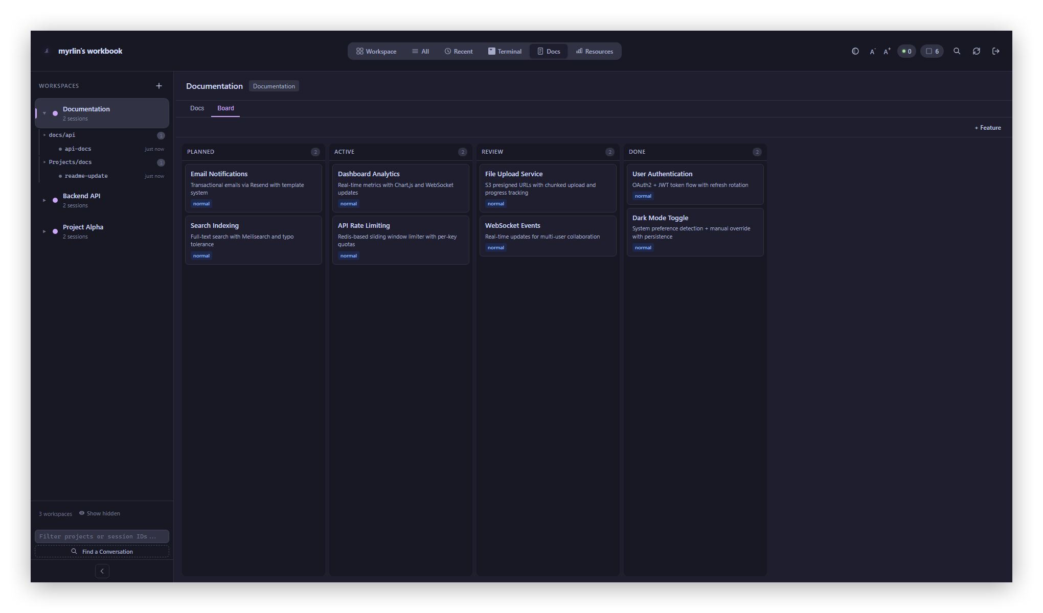 Feature tracking Kanban board