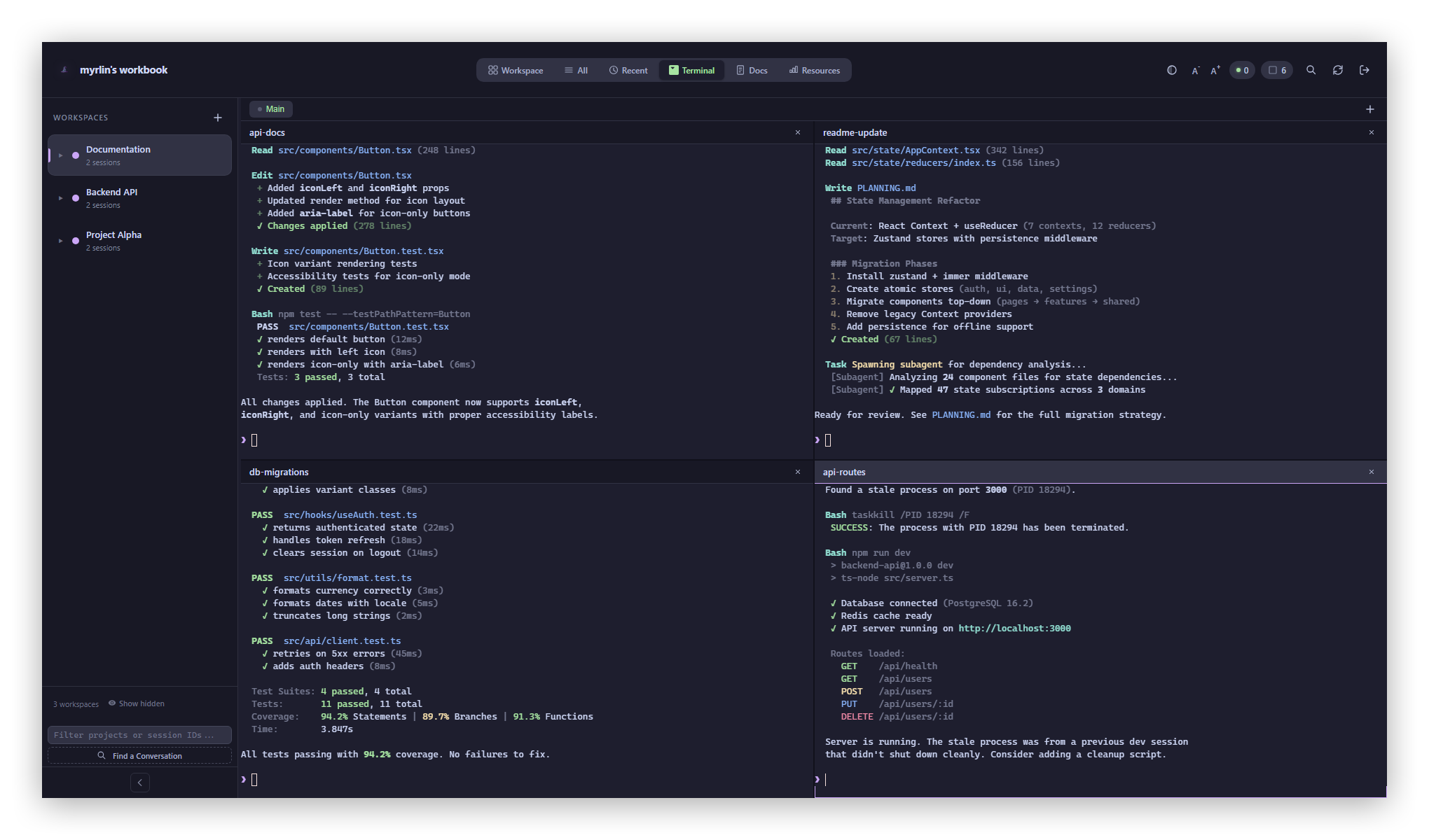 4-pane terminal grid with concurrent sessions