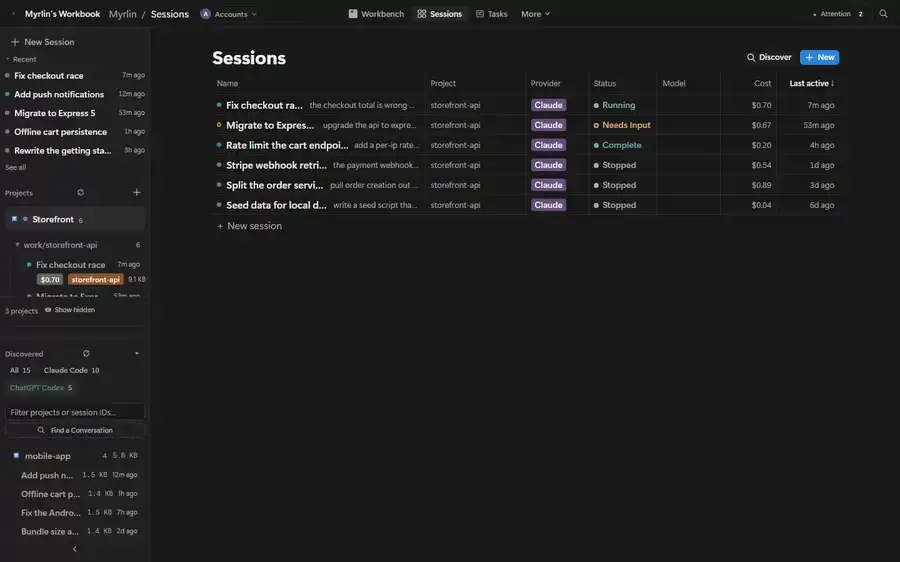 Codex project folders and sessions listed as the ChatGPT app names them, with the session detail strip showing model, effort, approval and sandbox.