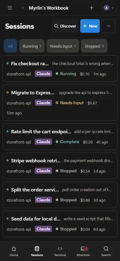 The phone layout: the five tab bar, a session opening, the keyboard rising under a terminal, and a long-press menu.
