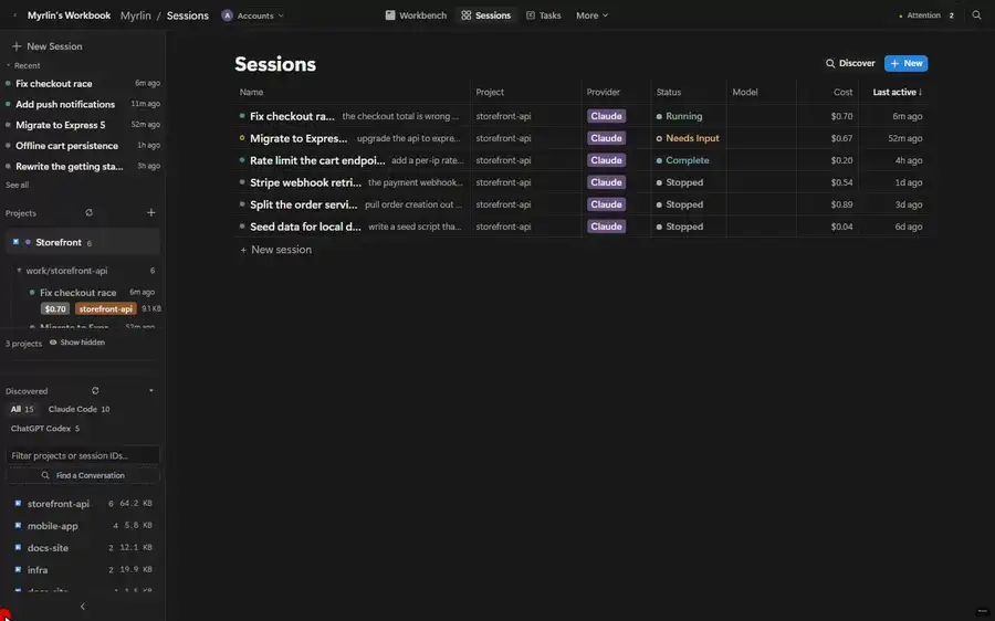 The sidebar: the provider switcher in the Discovered header, the Recent list, and project rows expanding into sessions.