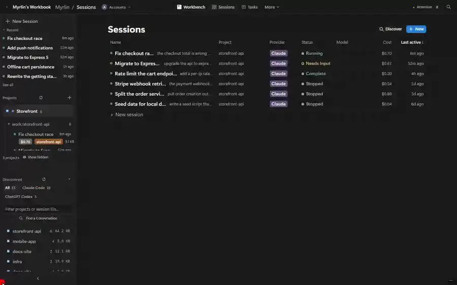A tour of the app: the project sidebar, a session opening into a terminal pane, scrollback being selected, a Codex session, the phone layout and the cost panel.