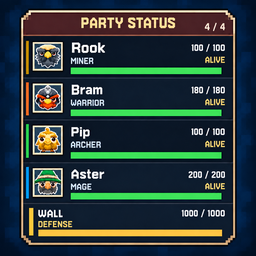 Illustration of the Party HUD with fictional player names