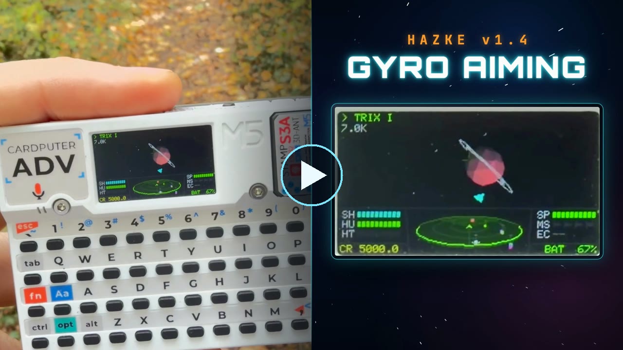 A hand holding a Cardputer ADV next to a capture of its screen, under the title GYRO AIMING