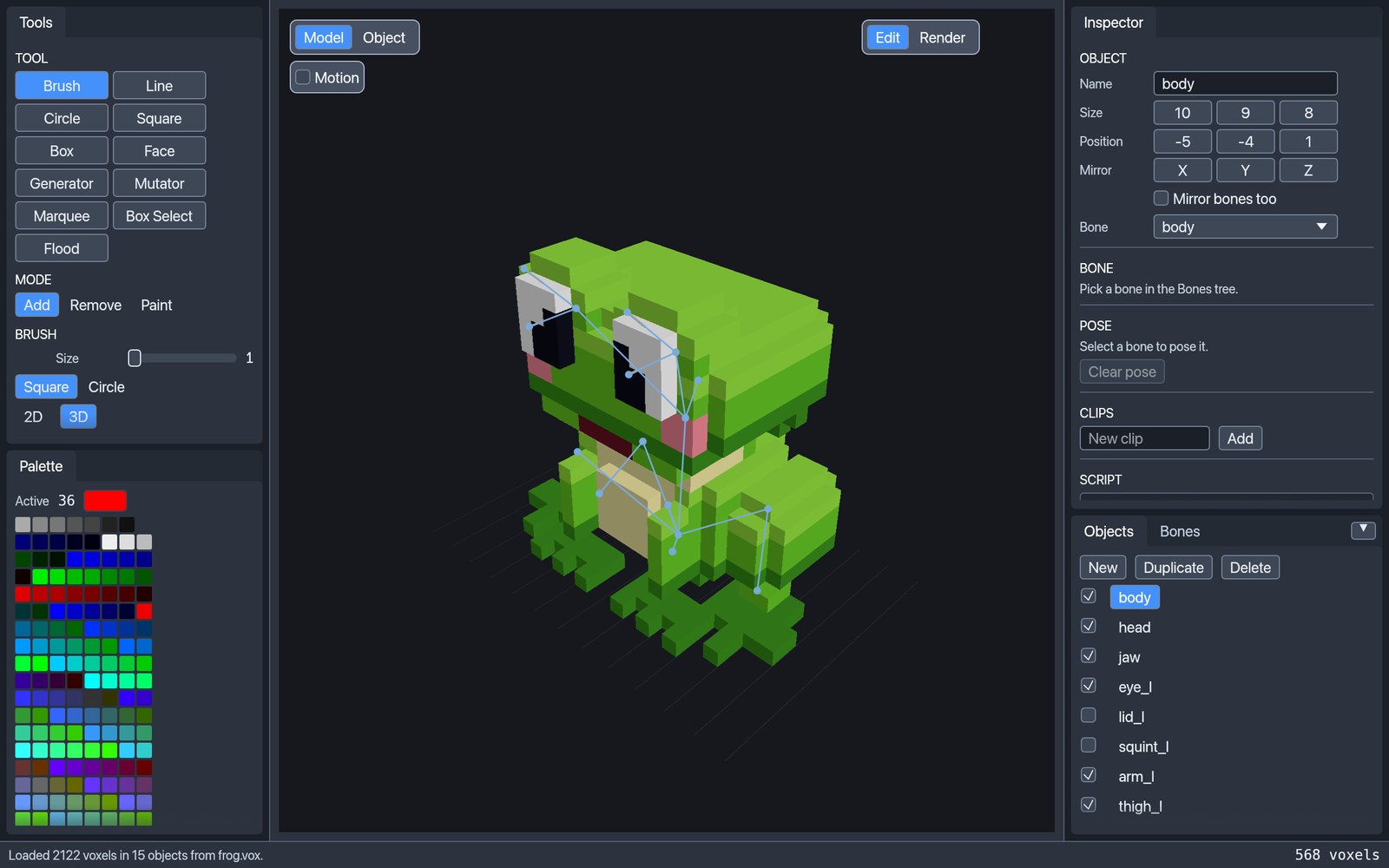 Froxel editing the frog: tools and palette on the left, the viewport with its skeleton, the inspector and the objects on the right