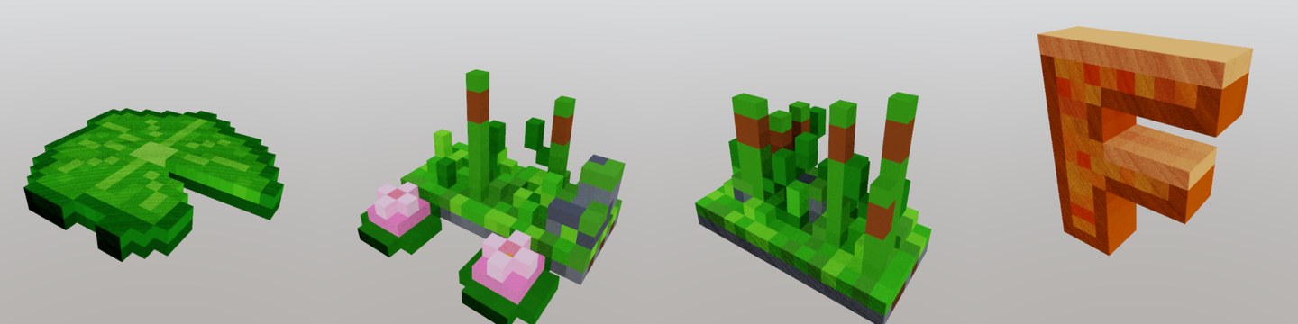 Lily pad, lotus bank, reeds and a letter, rendered with froxel render