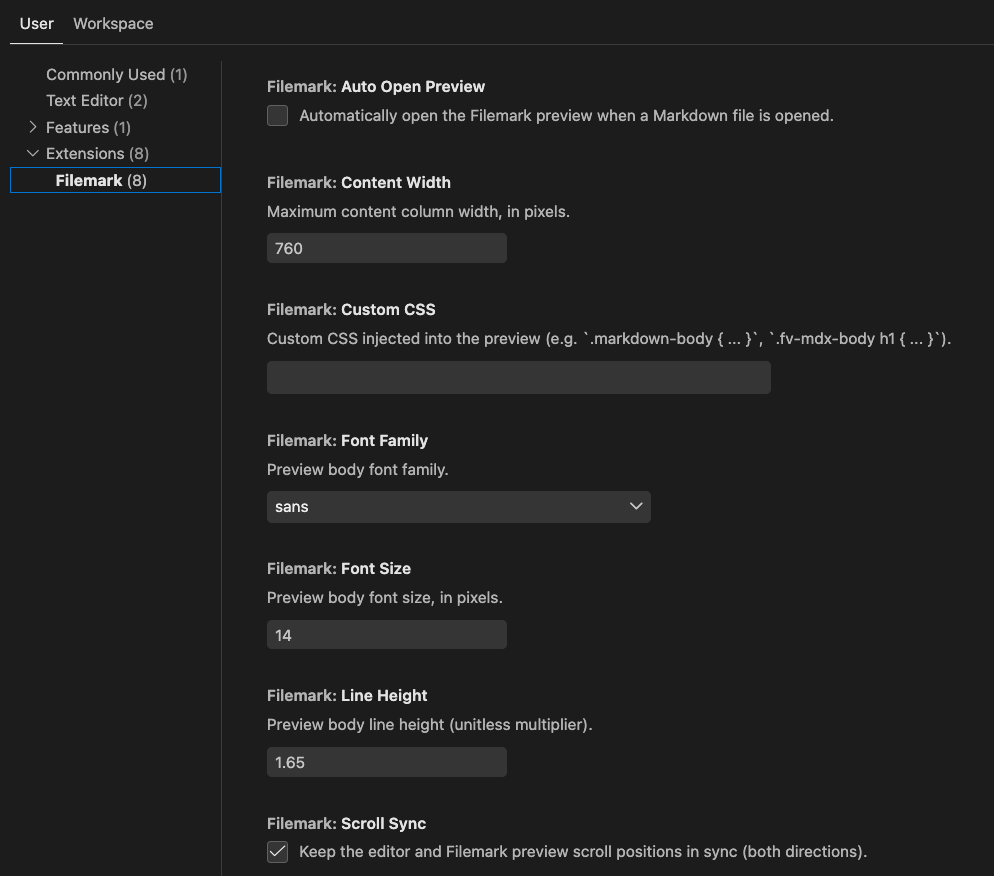 Filemark settings