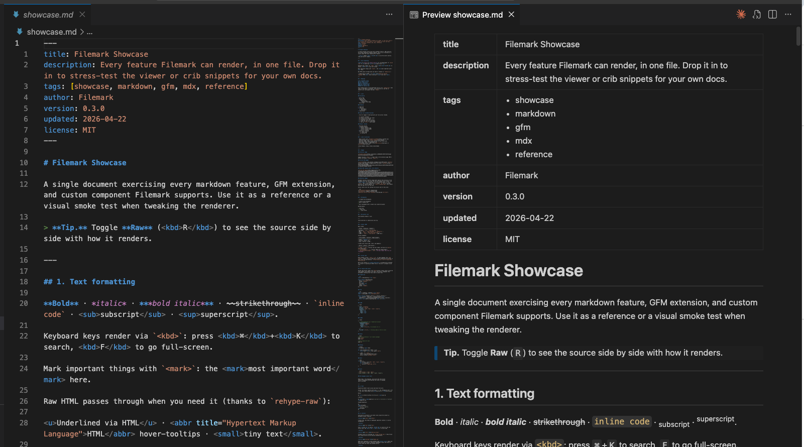 Raw Markdown on the left, the live Filemark preview on the right