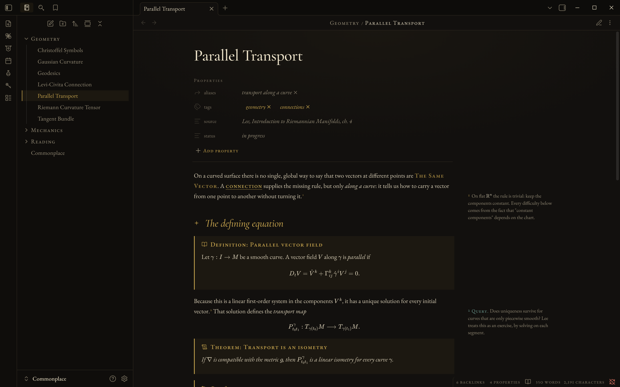 A note in Istari: definition and theorem callouts, display math, and sidenotes in the margin