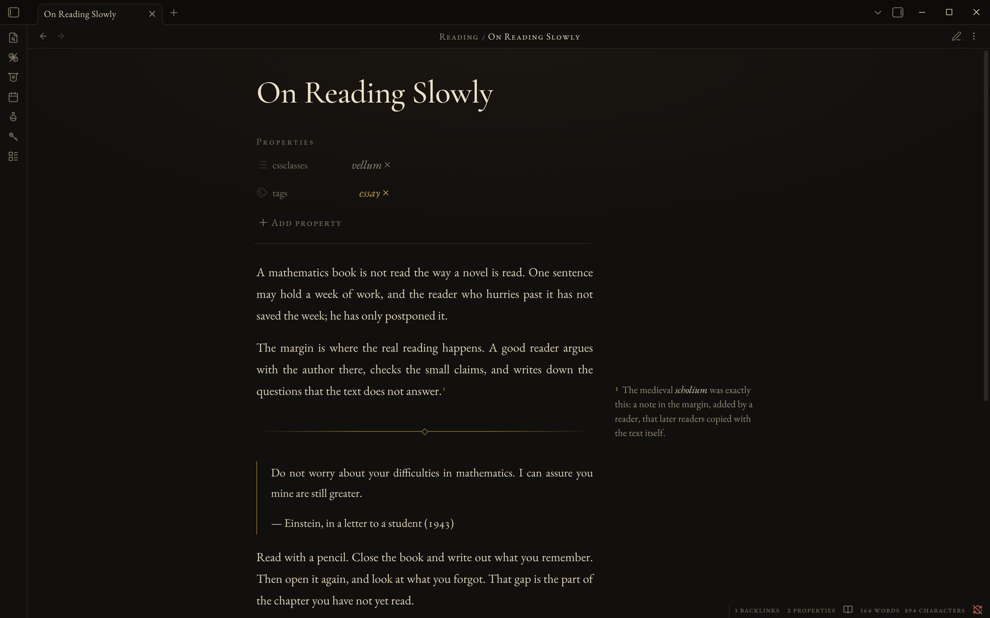 A long-form note with the vellum class