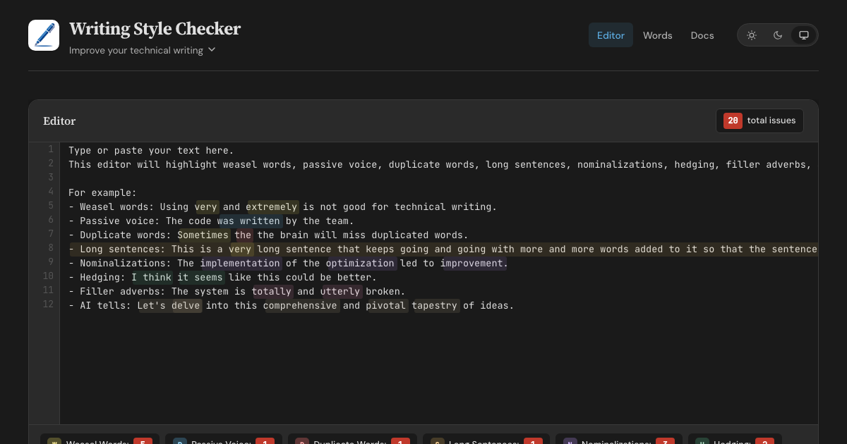 Screenshot of Writing Style Checker