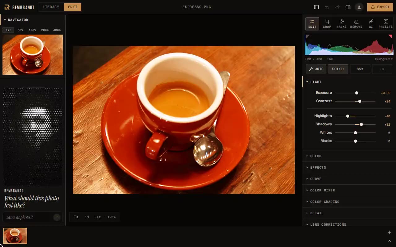 Editing a photo in Rembrandt
