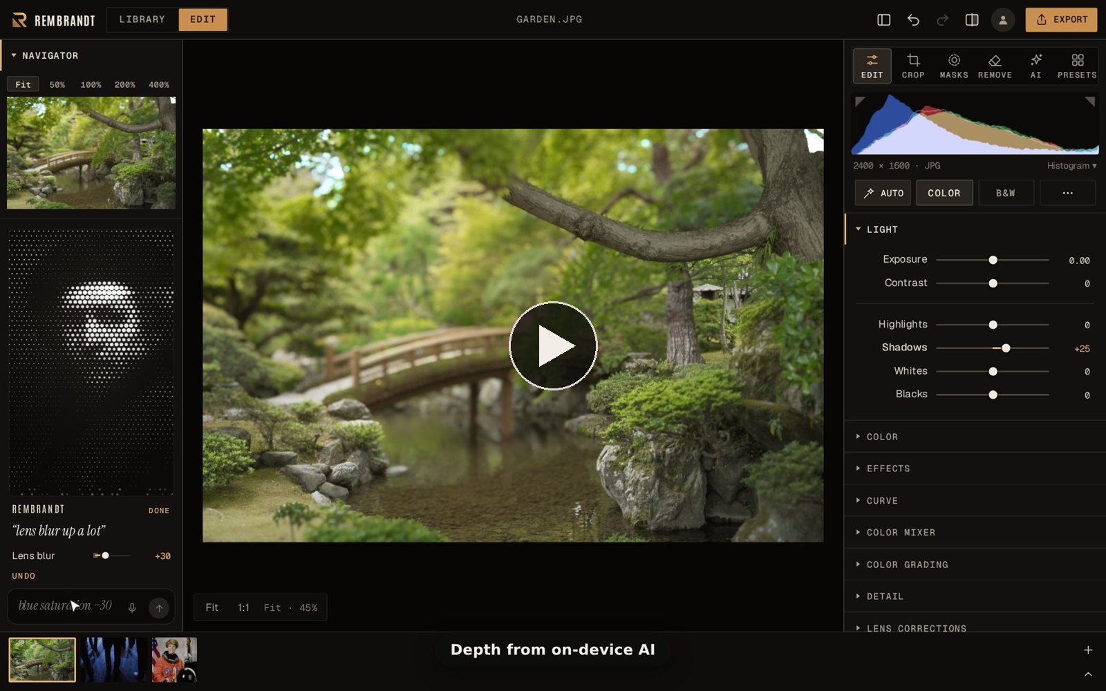 Demo video: open a photo, say “golden hour and shadows plus 25”, type “lens blur up a lot”, compare before and after (26 seconds)