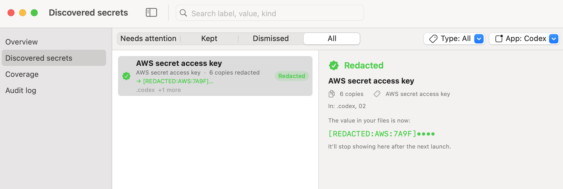 Agent Scrub showing an AWS secret access key redacted across 6 copies in Codex history