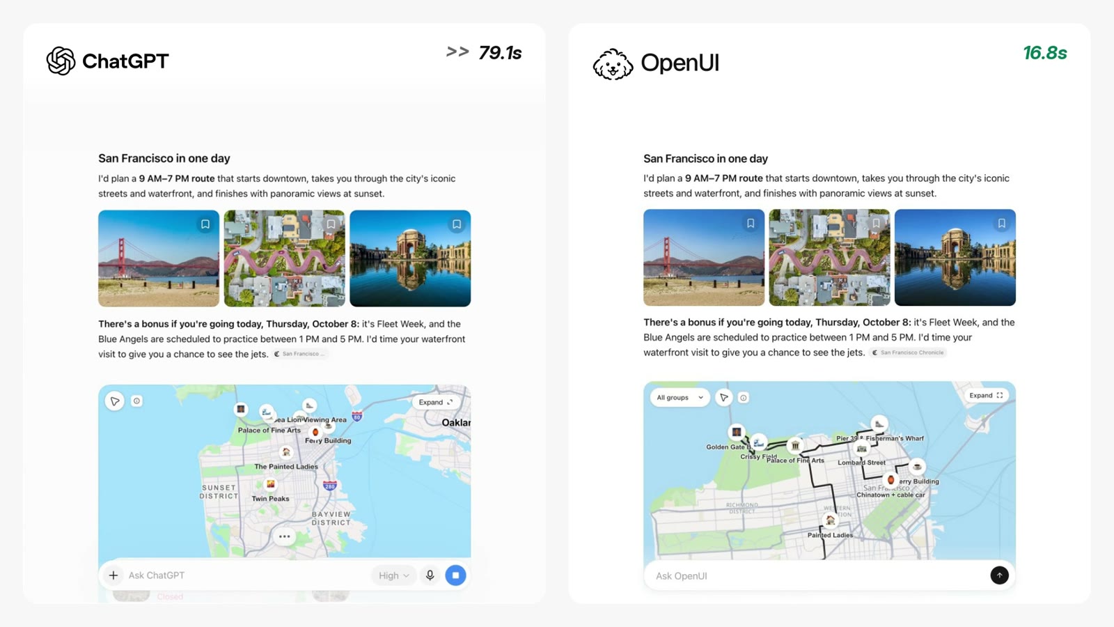 ChatGPT and OpenUI side by side, each showing a one-day San Francisco route with photos and a map