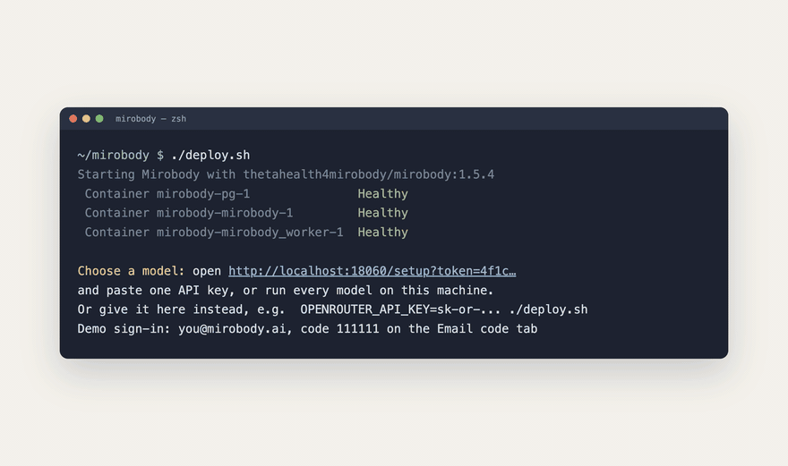 The first-run page: a model name edited beside an OpenRouter key, then 100% on this machine: the page finds the llama.cpp server, lists the models it serves, and both models are ready
