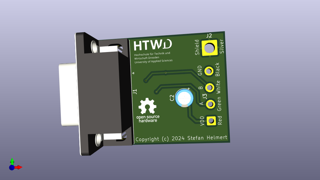 3d rendered image of the assembled pcb, front
