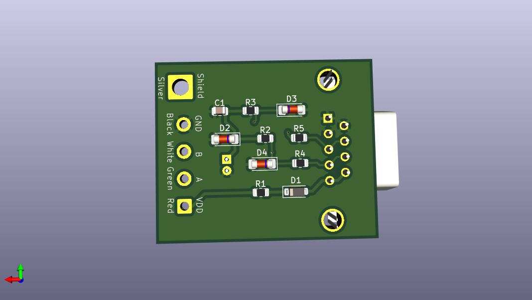 3d rendered image of the assembled pcb, back