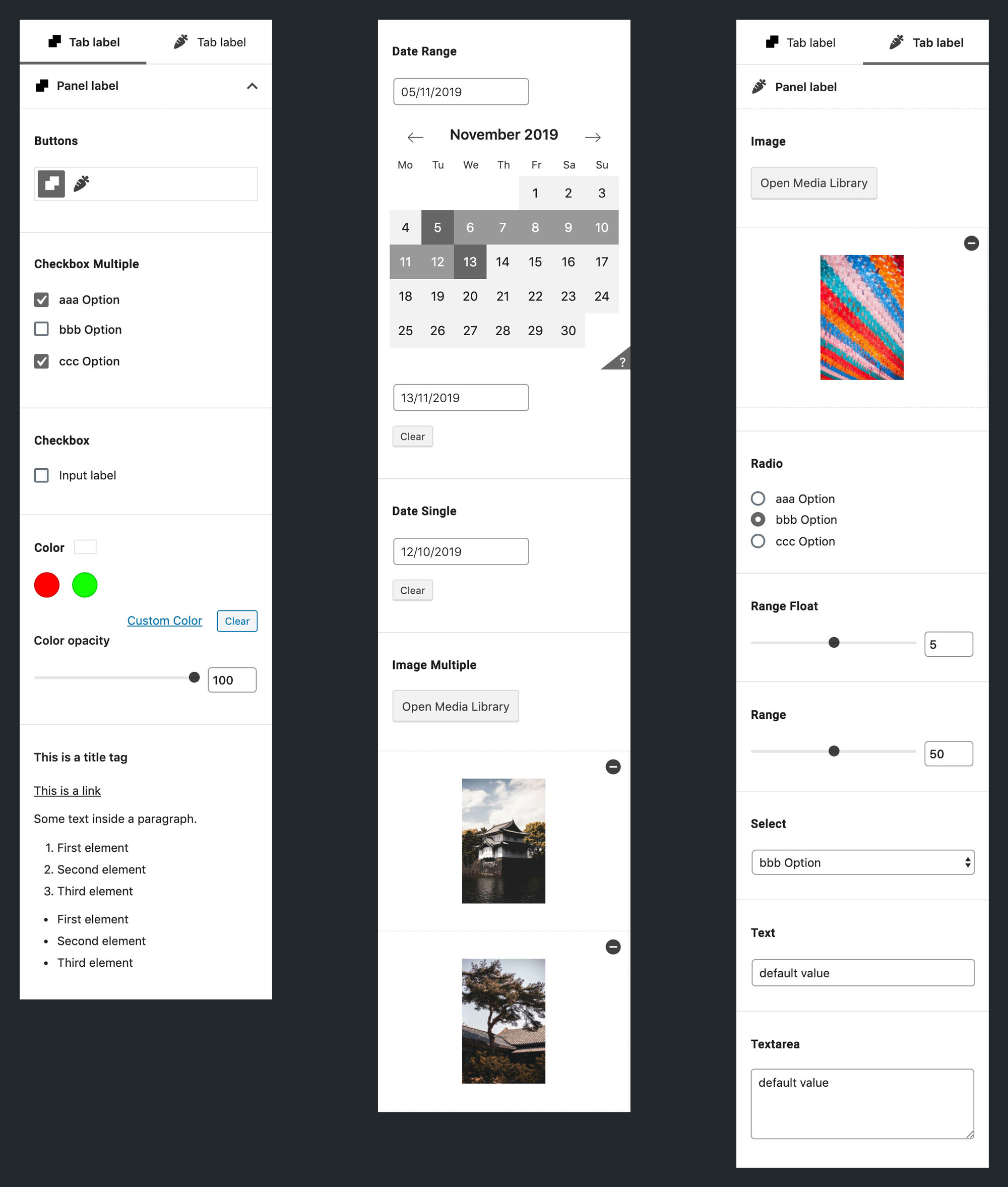 Sidebar with different tabs, panels and controls
