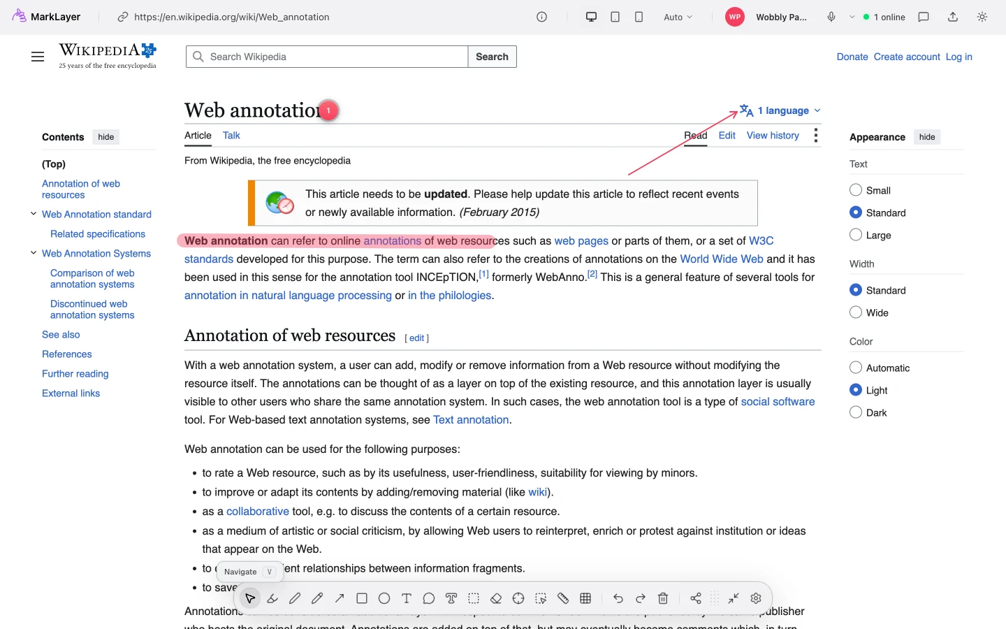 A MarkLayer review board open on Wikipedia, showing highlights, threaded comments, and live cursors