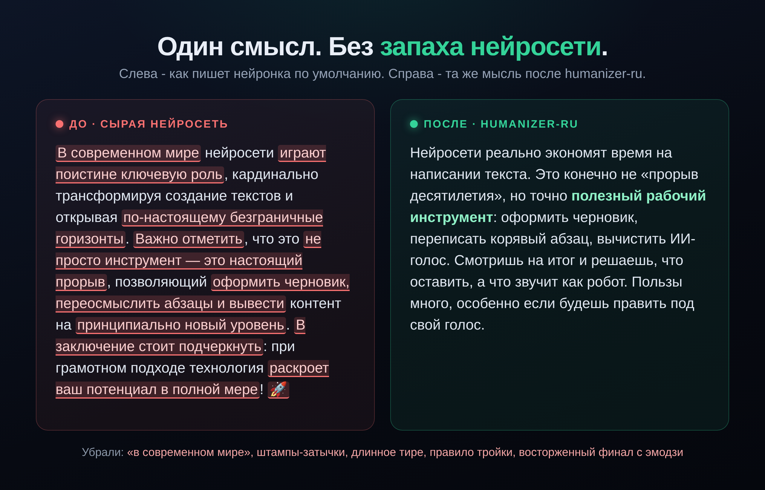 До и после humanizer-ru - один смысл без «запаха нейросети»