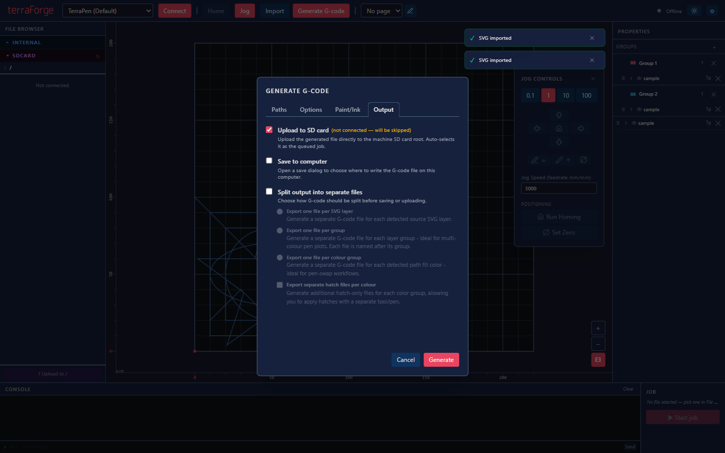 G-code generation output panel