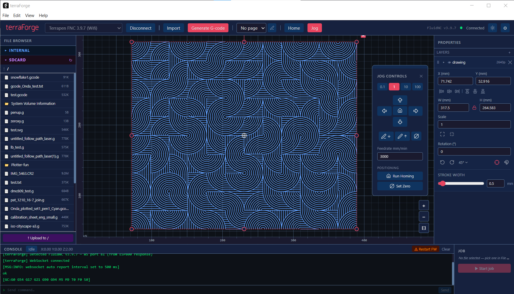 terraForge main canvas showing an imported drawing connected to a FluidNC machine