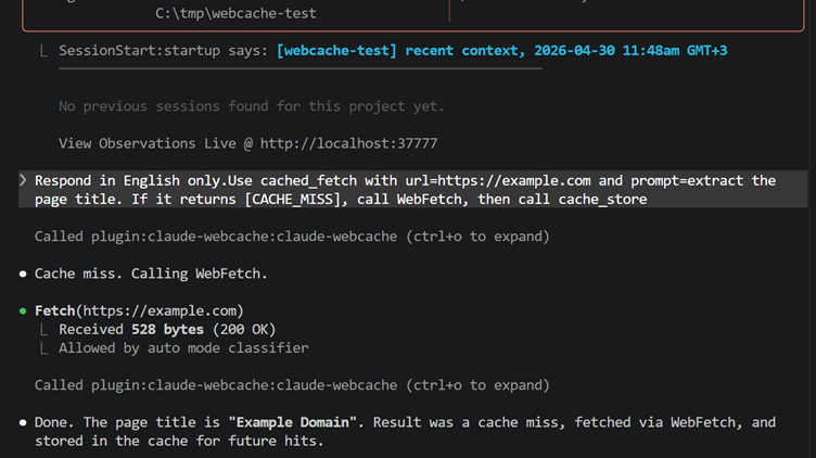 CACHE_MISS flow: WebFetch + cache_store in first session