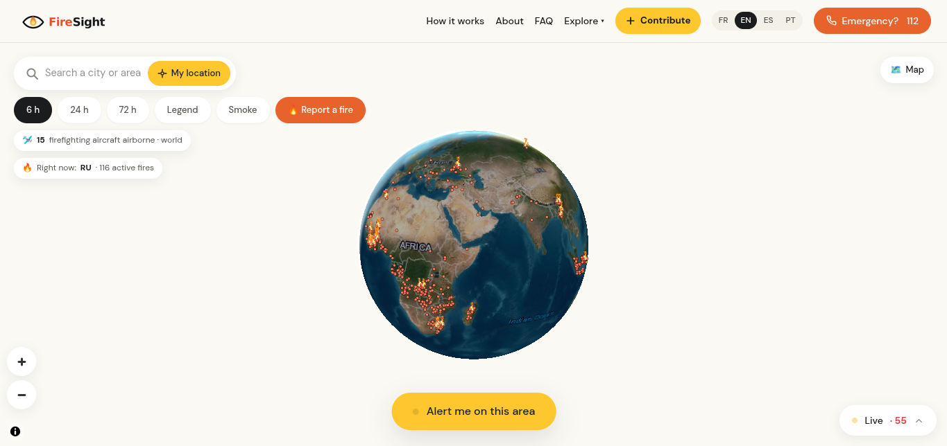 FireSight live globe — active fires across Africa, Europe and Asia