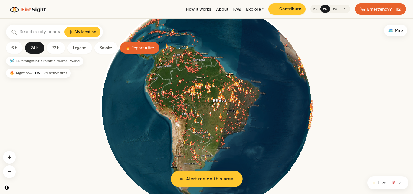 FireSight zoomed into South America — fire clusters over Brazil and Bolivia