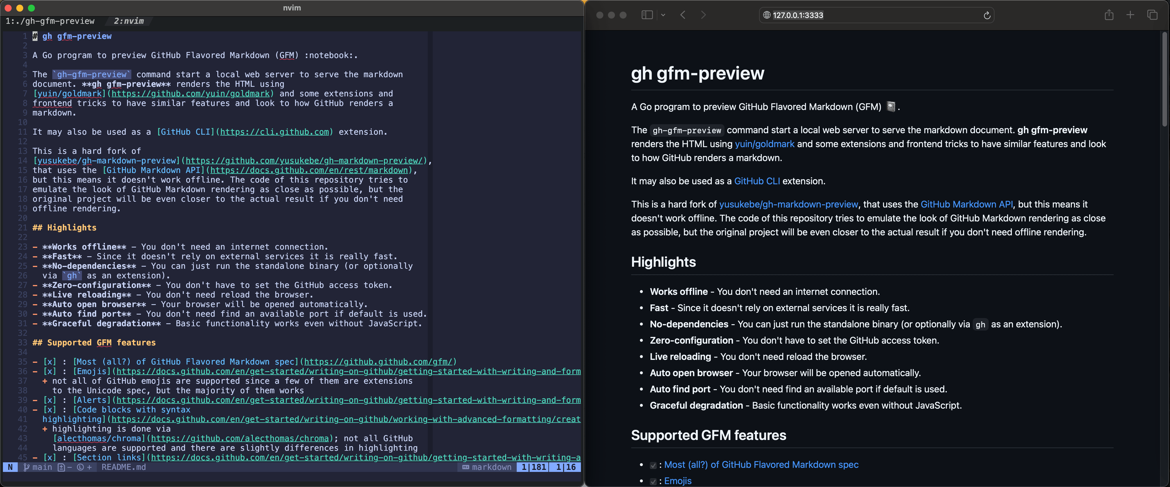 Screenshot showing a Markdown document being edited on the left and rendered
with gh-gfm-preview on the right