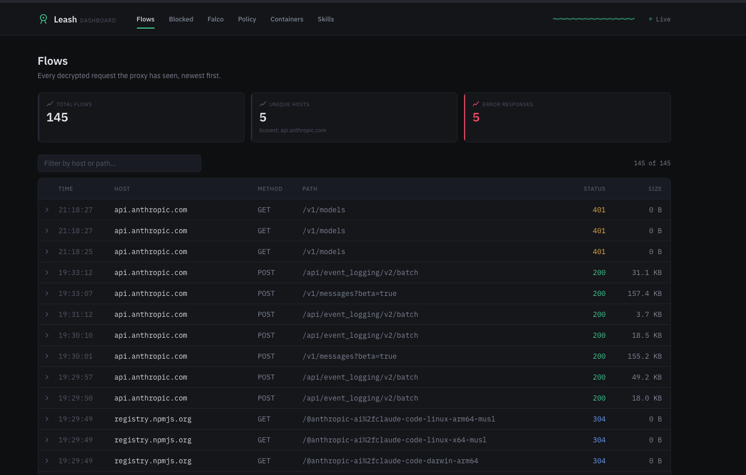 Flows tab, showing every decrypted request the proxy has seen