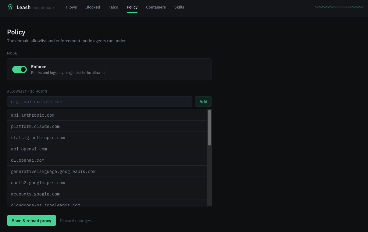 Policy tab, showing the allowlist editor and enforce/observe toggle