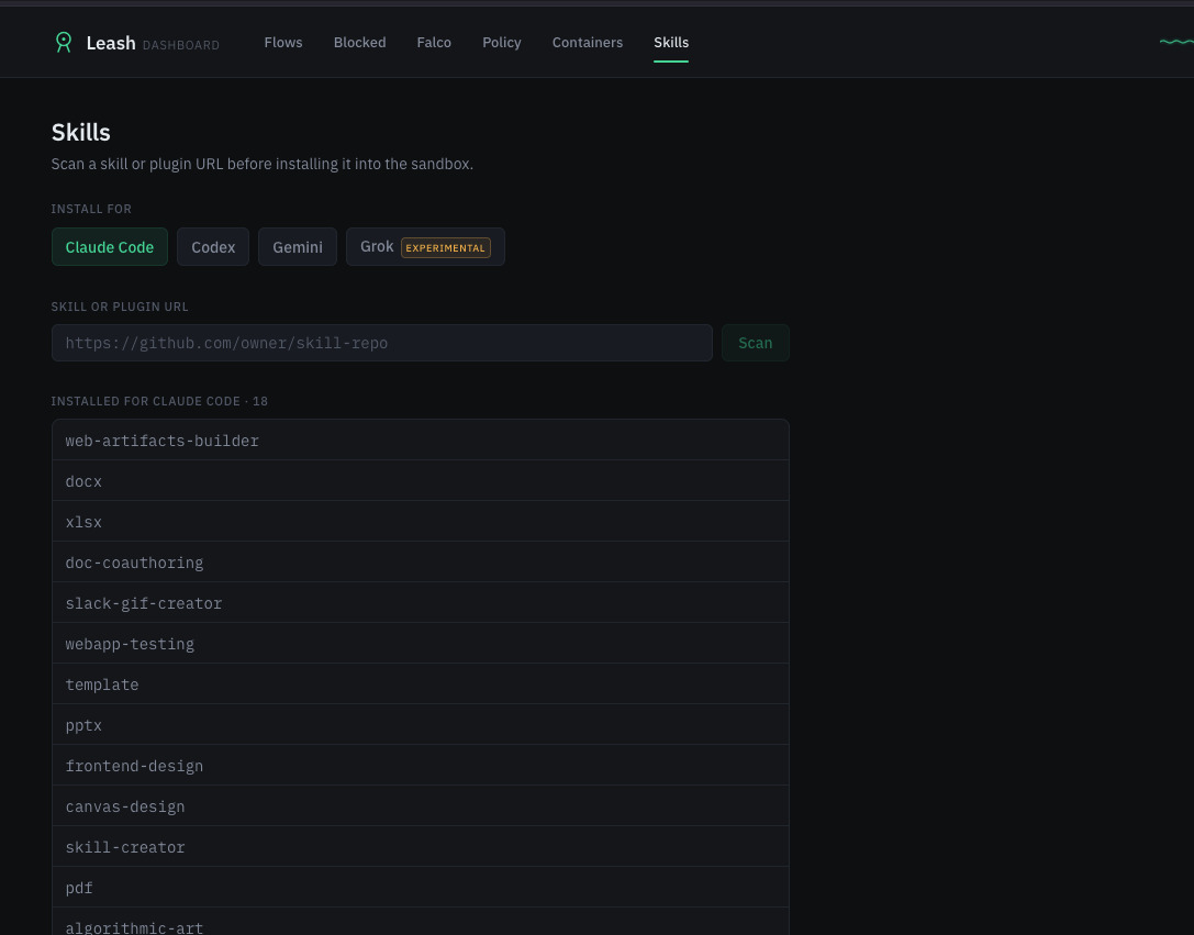 Skills tab, showing a scan field and install-target picker