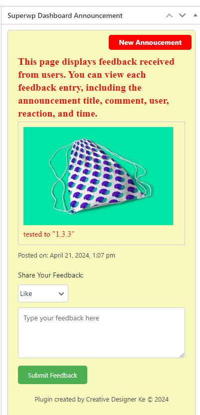 Admin Dashboard Widget Display