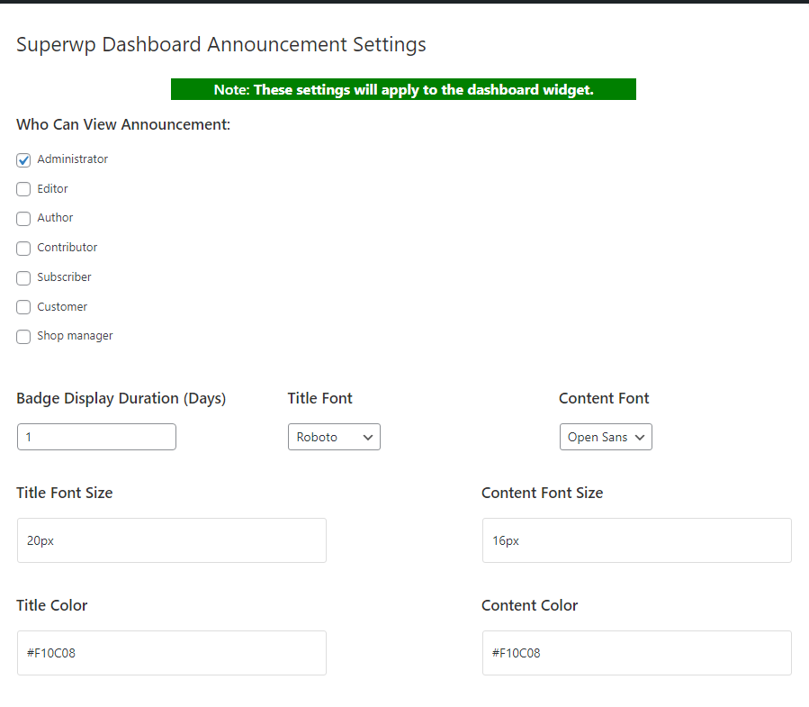 Settings Display