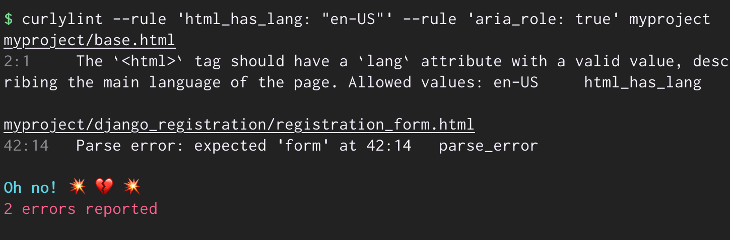 Screenshot of the curlylint CLI, with an example invocation raising a parsing issue and a rule error