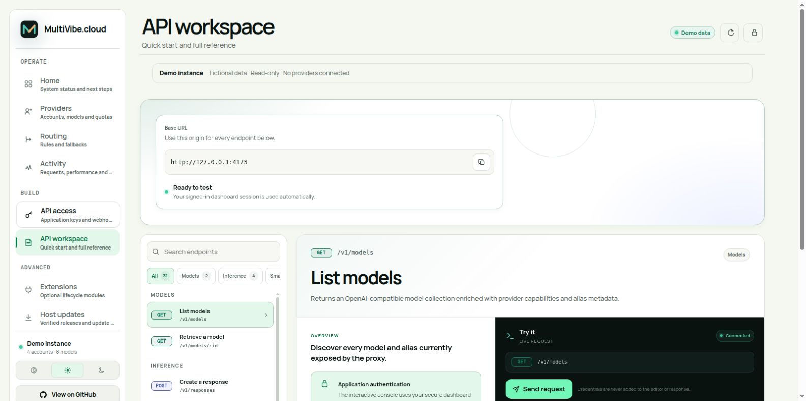 Current API workspace connected to the local demo API
