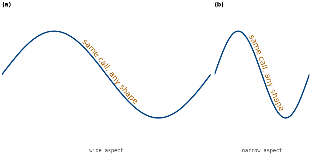 The same sine curve and the label 'same call, any shape' in a wide panel (a), captioned wide aspect, and a narrow panel (b), captioned narrow aspect. In both, the characters keep their shape and follow the curve; the label is not stretched or sheared.