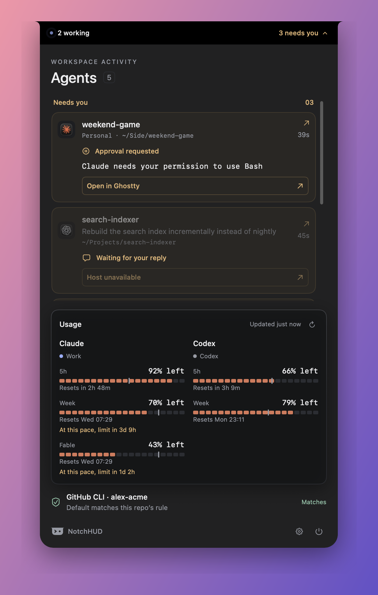 Cozy density: sessions that need you as full cards with the request text and an open button