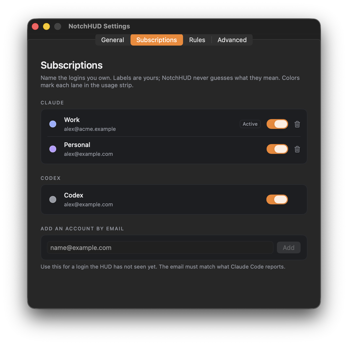 Subscriptions settings