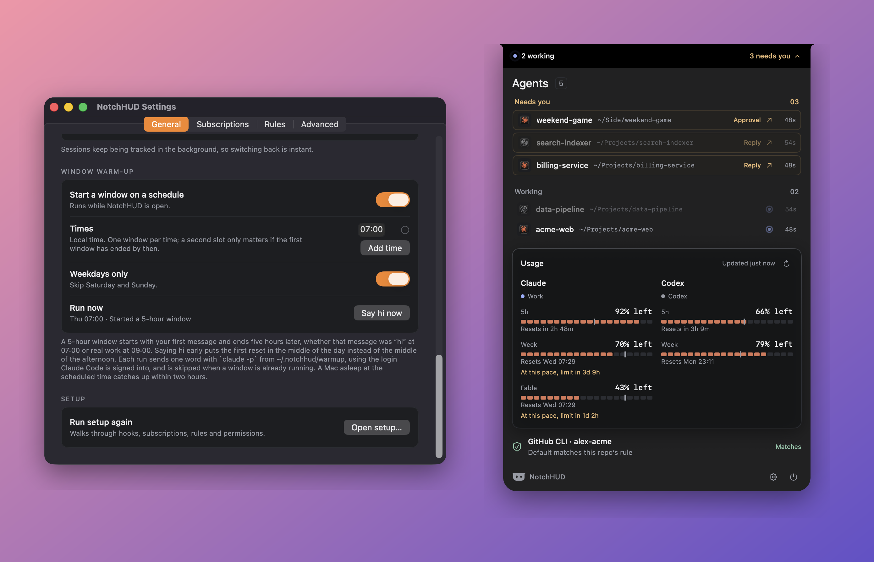 The window warm-up schedule in Settings next to the panel with Claude and Codex usage