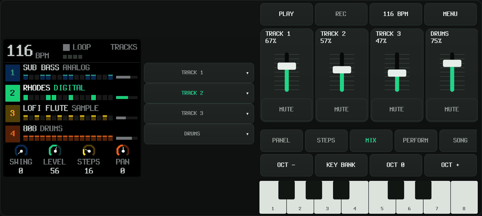 FM-1 Studio in landscape: SLOOP's native display on the left, a four-track mixer with mute buttons and a one-octave keyboard on the right