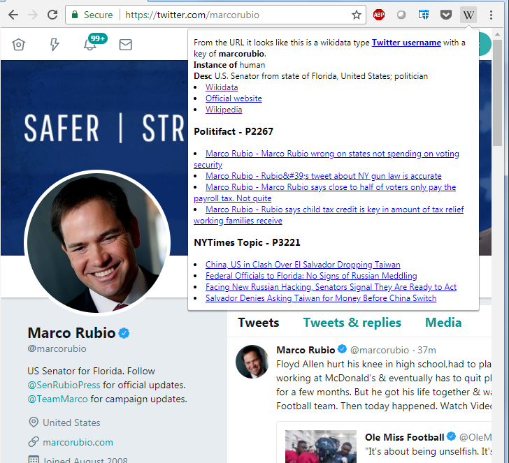 Example of retrieving Marco Rubio's New York Times and Politifact latest entries on his Twitter profile page