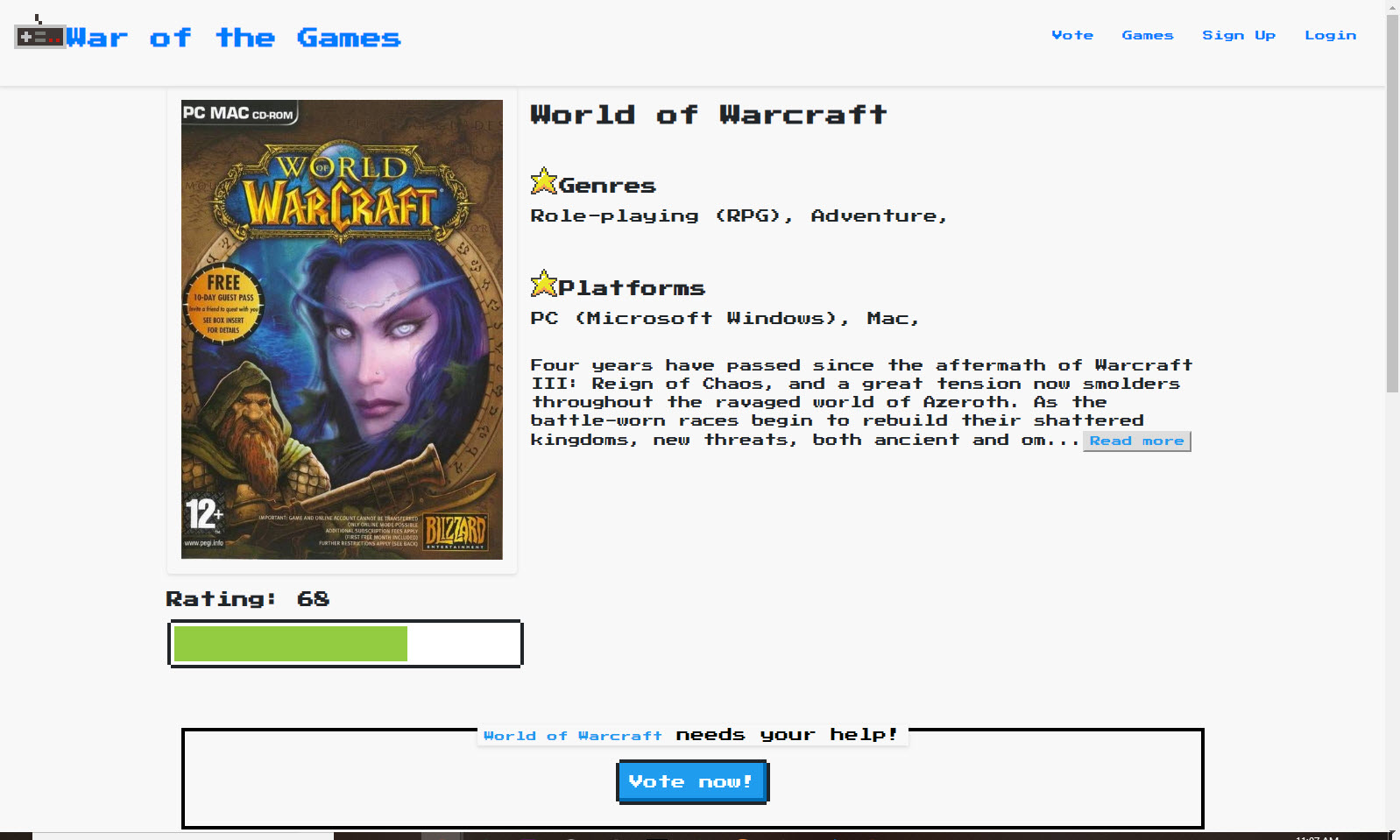 A screenshot of the game info page