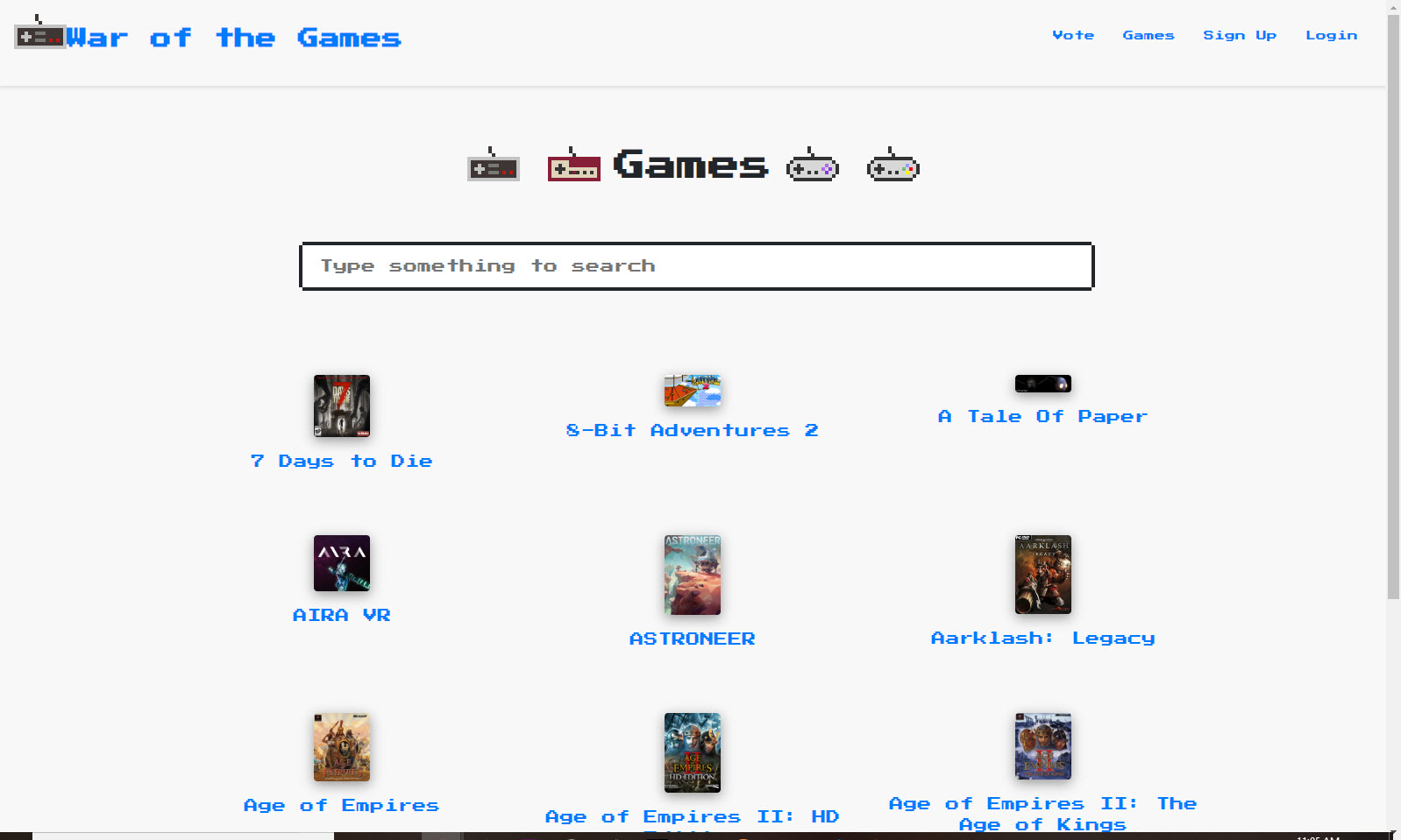 A screenshot of the games list page